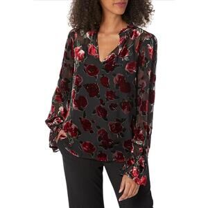 PAIGE Women's Laurin black velvet rose burnout design V-neckline, Blouse Large